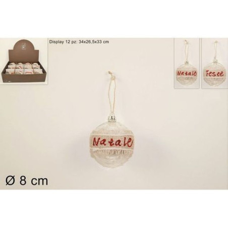 PALLA VETRO 8CM C/NASTRO JUTA 2ASS. B.CO EAN 8033113459412 INGROSSO PALLINE DI NATALE E PUNTALI