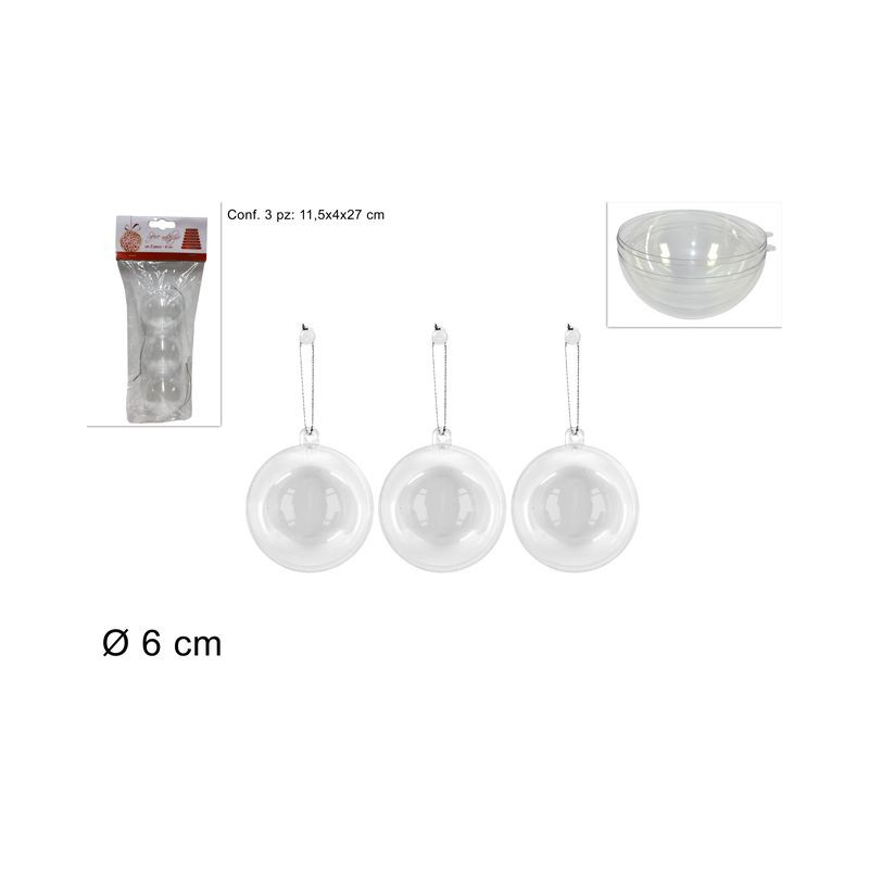 SFERA PLASTICA TRASPARENTE 3PZ D.6CM EAN 8033113313479 INGROSSO ARTICOLI DECORAZIONI NATALIZIE