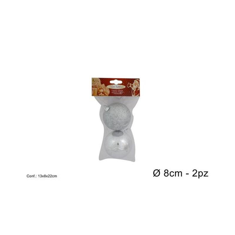 PALLE 8CM 2 PZ LUCIDA/GLITTERATA SILVER EAN 8033113784958 INGROSSO PALLINE DI NATALE E PUNTALI