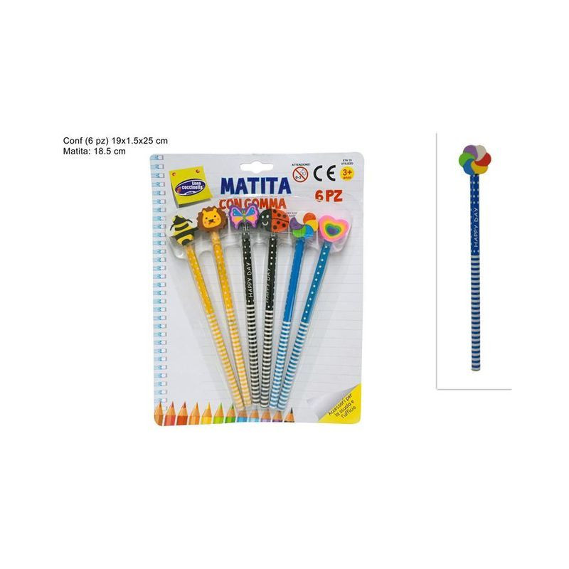 MATITA CON GOMMA SET 6PZ ASS. BLISTER EAN 8034048407479 INGROSSO MATITE DA DISEGNO