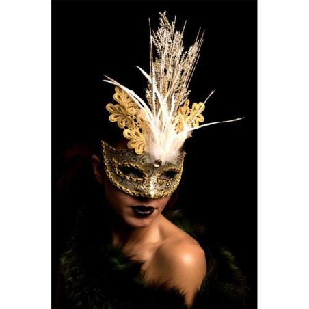 MASCHERA ORO TESS. C/PAIL.GLIT. E PIUME EAN 8004761007577 INGROSSO MASCHERE DI HALLOWEEN