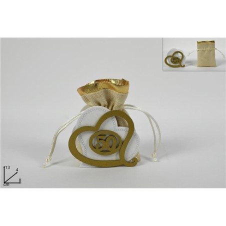 INGROSSO BOMBONIERE RICORDO 50 ANNIV. SACCHETTO CUORE LEGNO 8034048567715 INGROSSO ARTICOLI DA BOMBONIERE