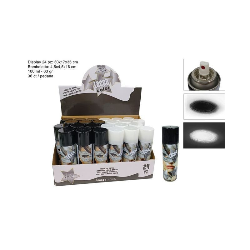 SPRAY LACCA COL CAPELLI 100ml BIANCA/NER EAN 8053482327051 INGROSSO BOMBOLETTE SPRAY CARNEVALE