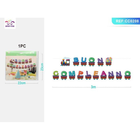 INGROSSO FESTA E PARTY STRISCIONE FORMA TRENO 3M BUON COMPEANNO 8058617543085 ARTICOLI PER FESTE FESTONI PER PARTY