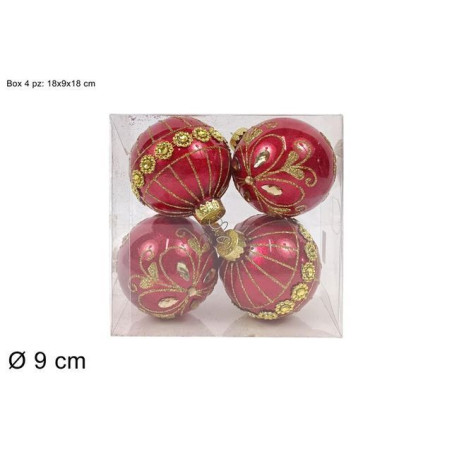 PALLE 9CM ROSSE GLITTER ORO BOX 4PZ. EAN 8053482380858 INGROSSO PALLINE DI NATALE E PUNTALI