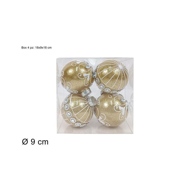 PALLE 9CM ORO GLITTER BIANCO BOX 4PZ. EAN 8053482380865 INGROSSO PALLINE DI NATALE E PUNTALI