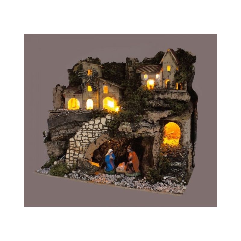 PRESEPE CM. 28X15X20 CON NATIVIT CM.6 E LUCI EAN 8018623824387 INGROSSO ACCESSORI PER IL PRESEPE