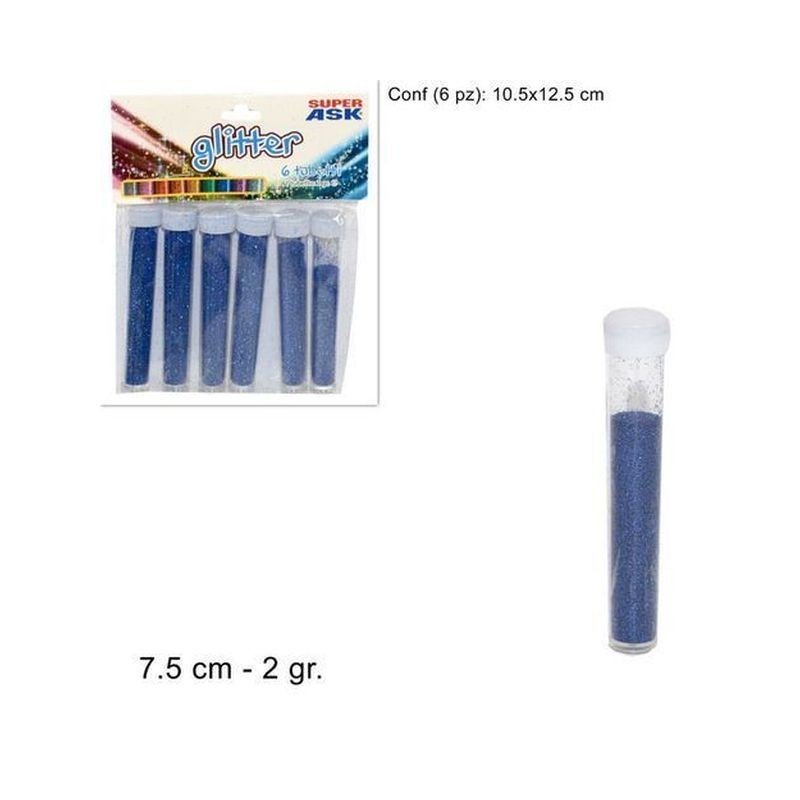 TUBETTI GLITTER 2GR 6PZ BLU 7.5CM CONFEZIONE 10.5X12.5CM EAN 8033113448430 INGROSSO ARTICOLI PER DECORAZIONI