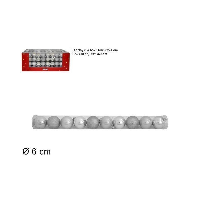 TUBO 10 PALLINE 6 CM 3 MOD. DISP. SILVER EAN 8033113269578 INGROSSO PALLINE DI NATALE E PUNTALI