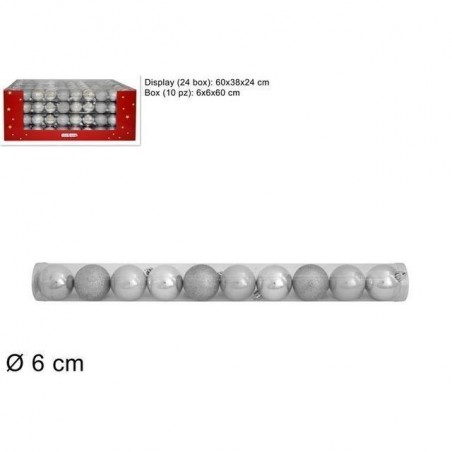 TUBO 10 PALLINE 6 CM 3 MOD. DISP. SILVER EAN 8033113269578 INGROSSO PALLINE DI NATALE E PUNTALI