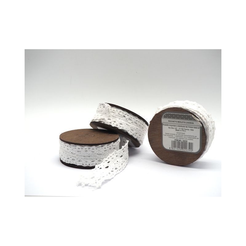 ROCCHETTO MERLETTO BIANCO CM2,5X250 EAN 8021029020390 INGROSSO ROTOLI E NASTRINI