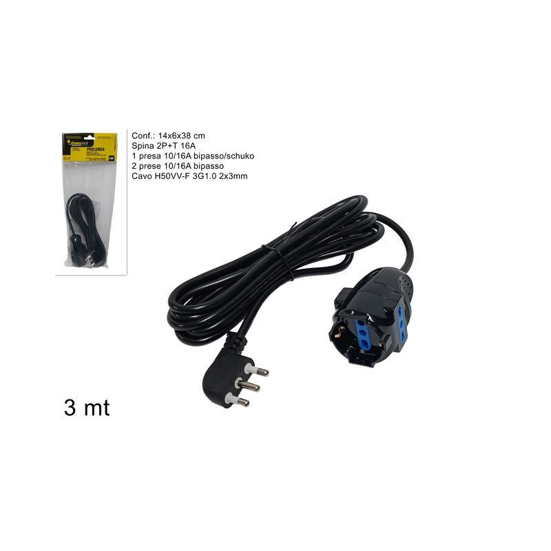 PROLUNGA 3MT SPINA 16A+ PRESA SCHUKO+2BI EAN 8034048606230 INGROSSO SPINE E CIABATTE